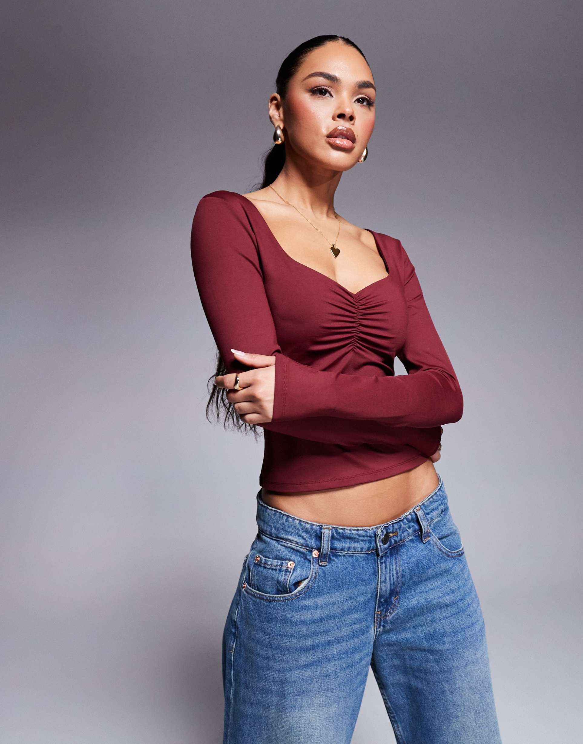 asos design slinky long sleeve top with ruched bust in burgundy