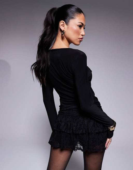 ASOS DESIGN slinky long sleeve top with small gold hardware keyhole in black, 4 of 4
