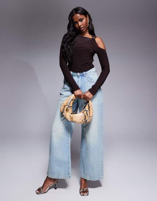 ASOS DESIGN slinky long sleeve twist shoulder gold detail top in chocolate, 3 of 4