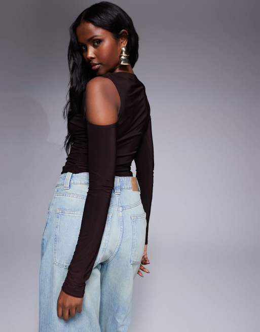 ASOS DESIGN slinky long sleeve twist shoulder gold detail top in chocolate, 4 of 4