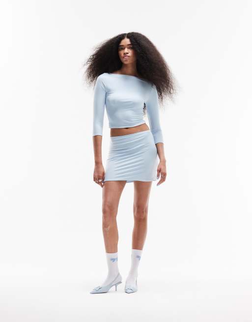 ASOS DESIGN slinky low rise micro mini skirt with split in blue, part of a set