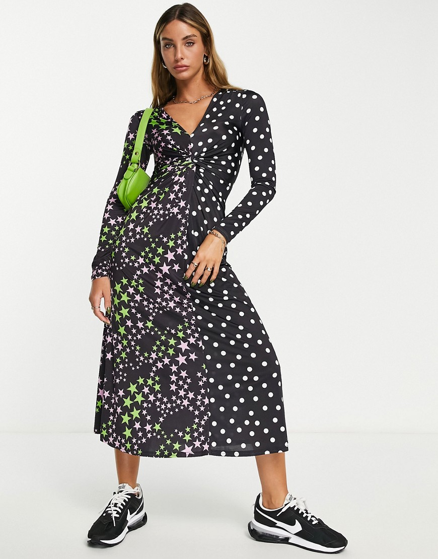 ASOS DESIGN slinky maxi dress in mix print stars and spots in black