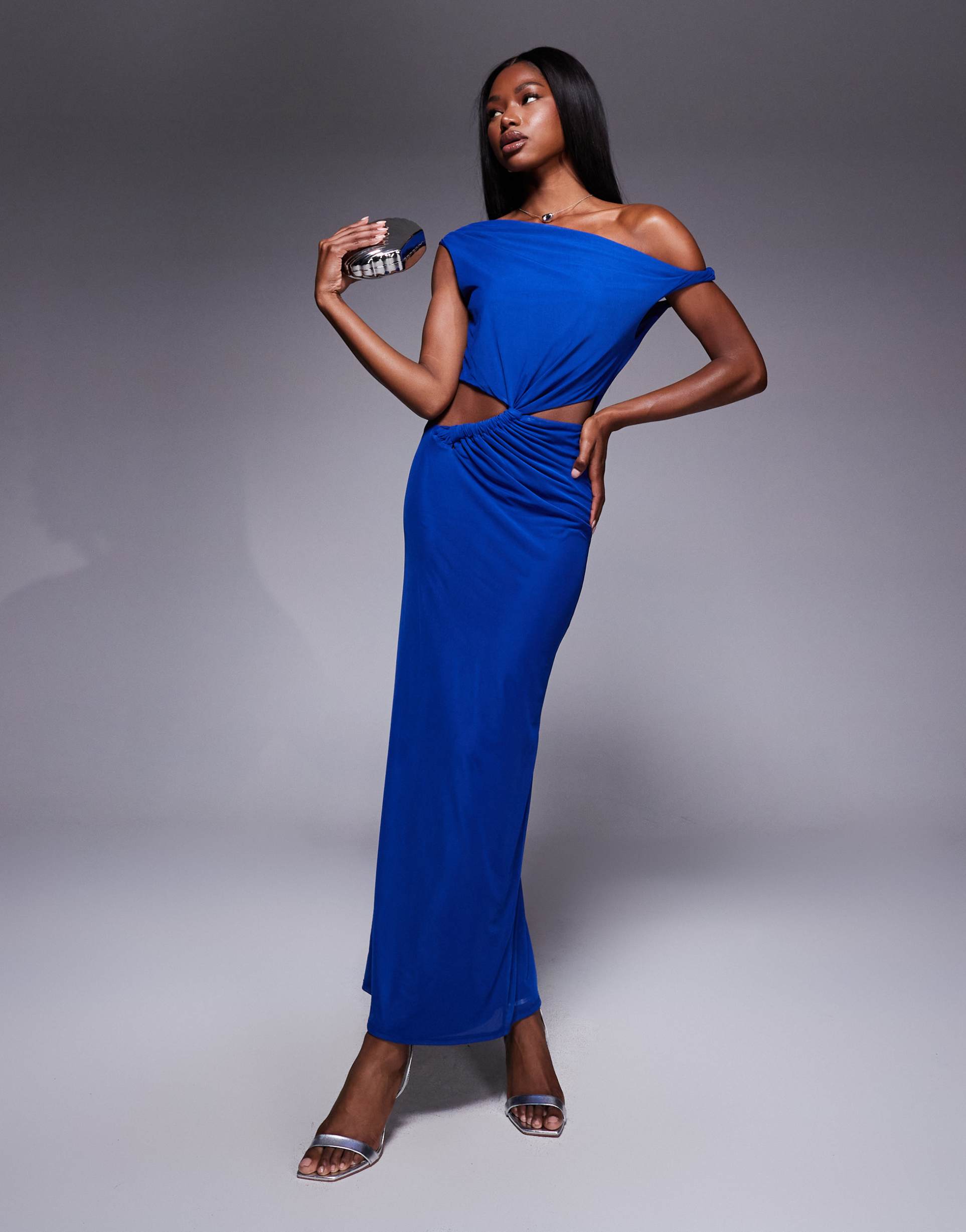 asos design slinky maxi dress with cut outs and twist detail in blue