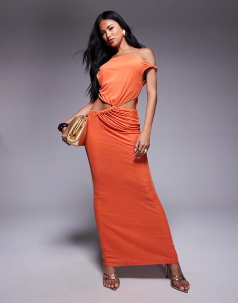 ASOS DESIGN slinky maxi dress with cut outs and twist detail in orange - view 1