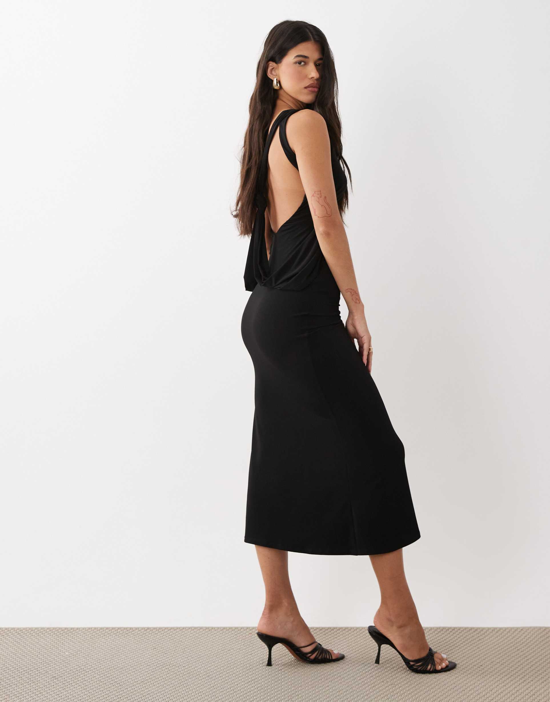 asos design slinky maxi dress with drape knot back detail in black