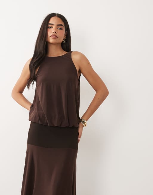 ASOS DESIGN slinky maxi dress with drop waist and open back in chocolate, 4 of 4