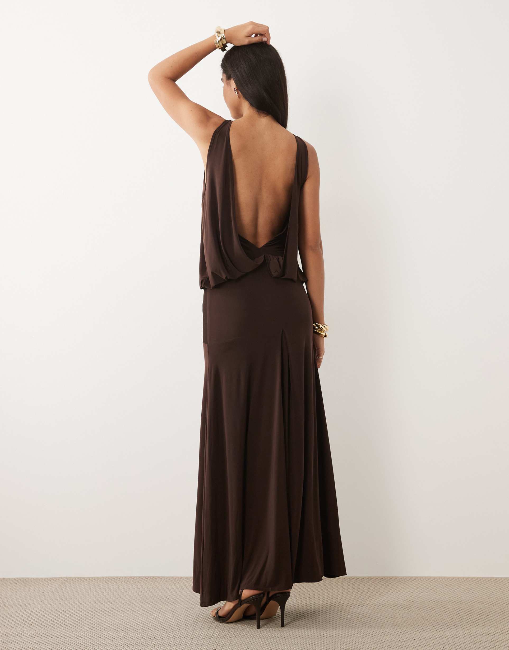 asos design slinky maxi dress with dropped waist and open back in chocolate