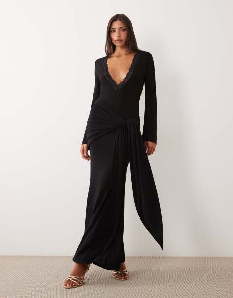 ASOS DESIGN slinky maxi dress with plunge neckline and lace detailing in black - view 1