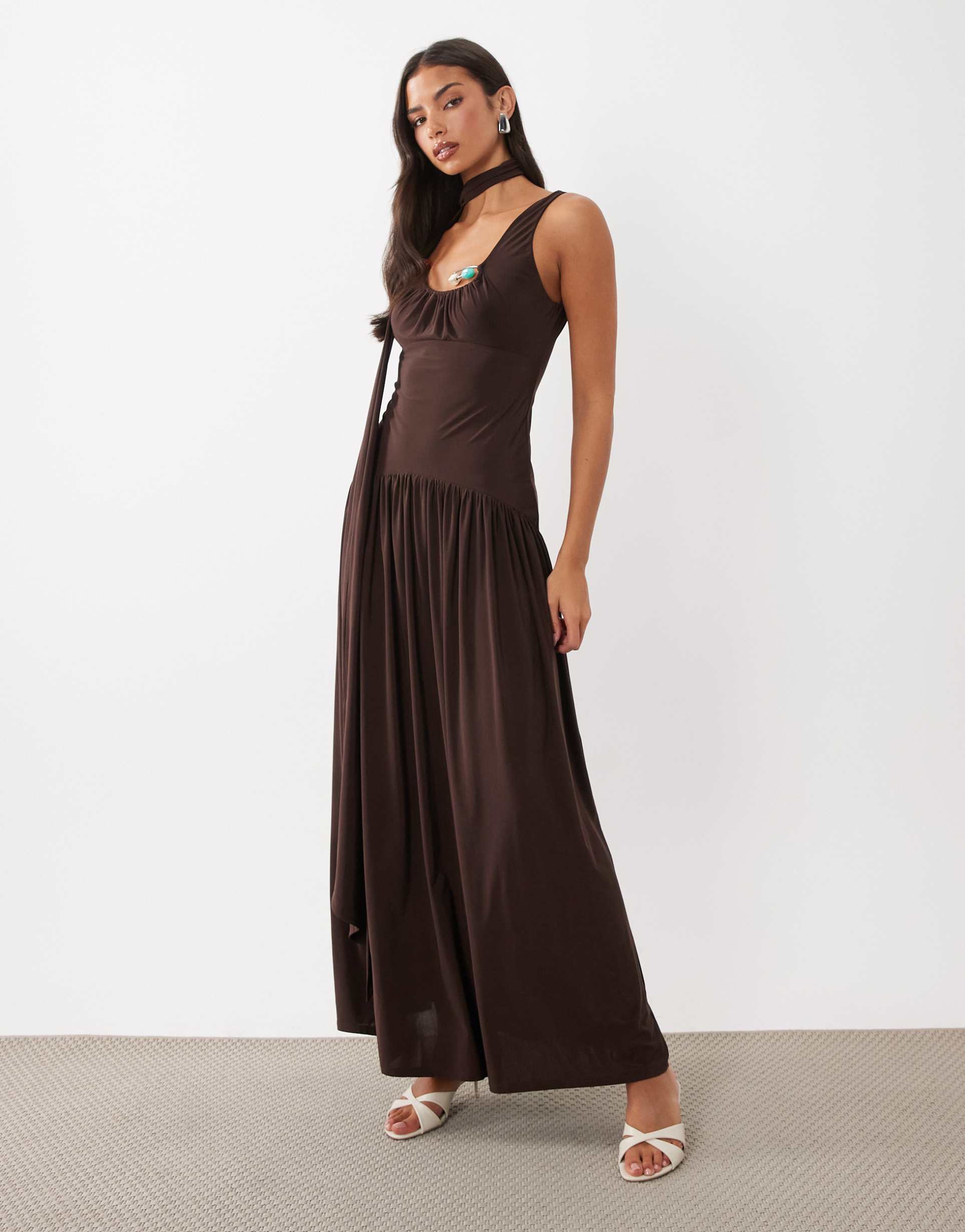 asos design slinky maxi dress with scarf and trim detail in chocolate