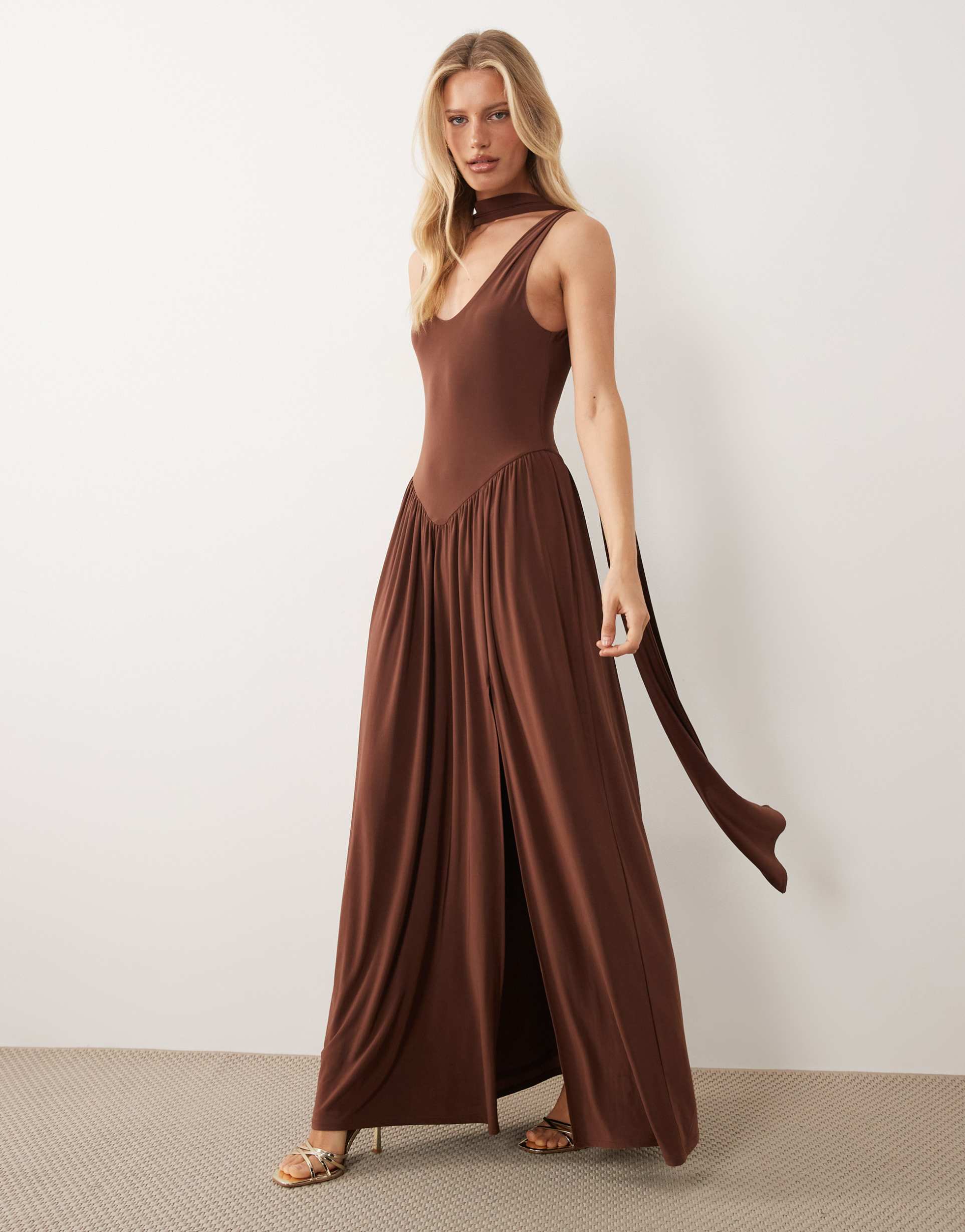 asos design slinky maxi dress with scarf detail in chocolate