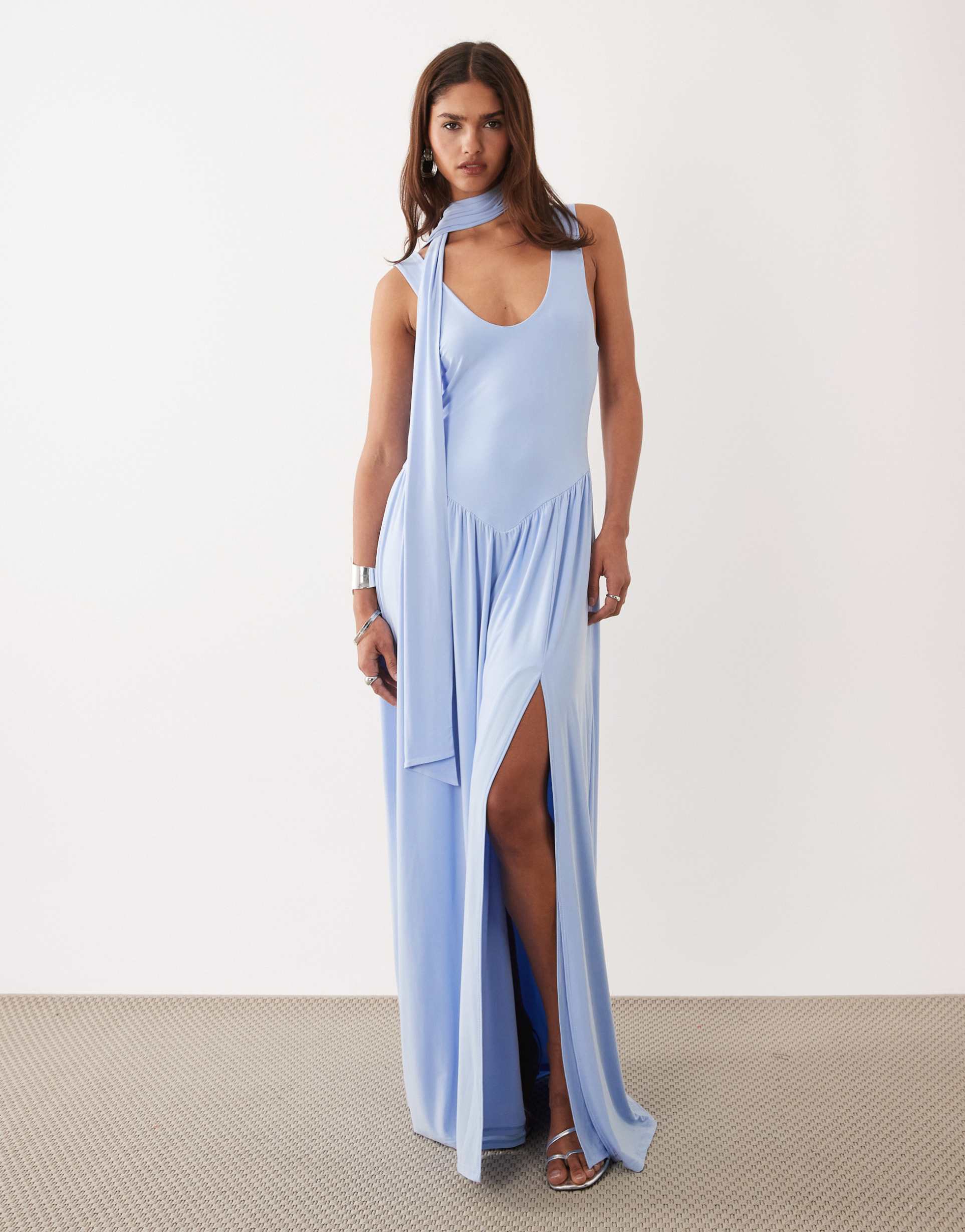 asos design slinky maxi dress with scarf detail in pale blue