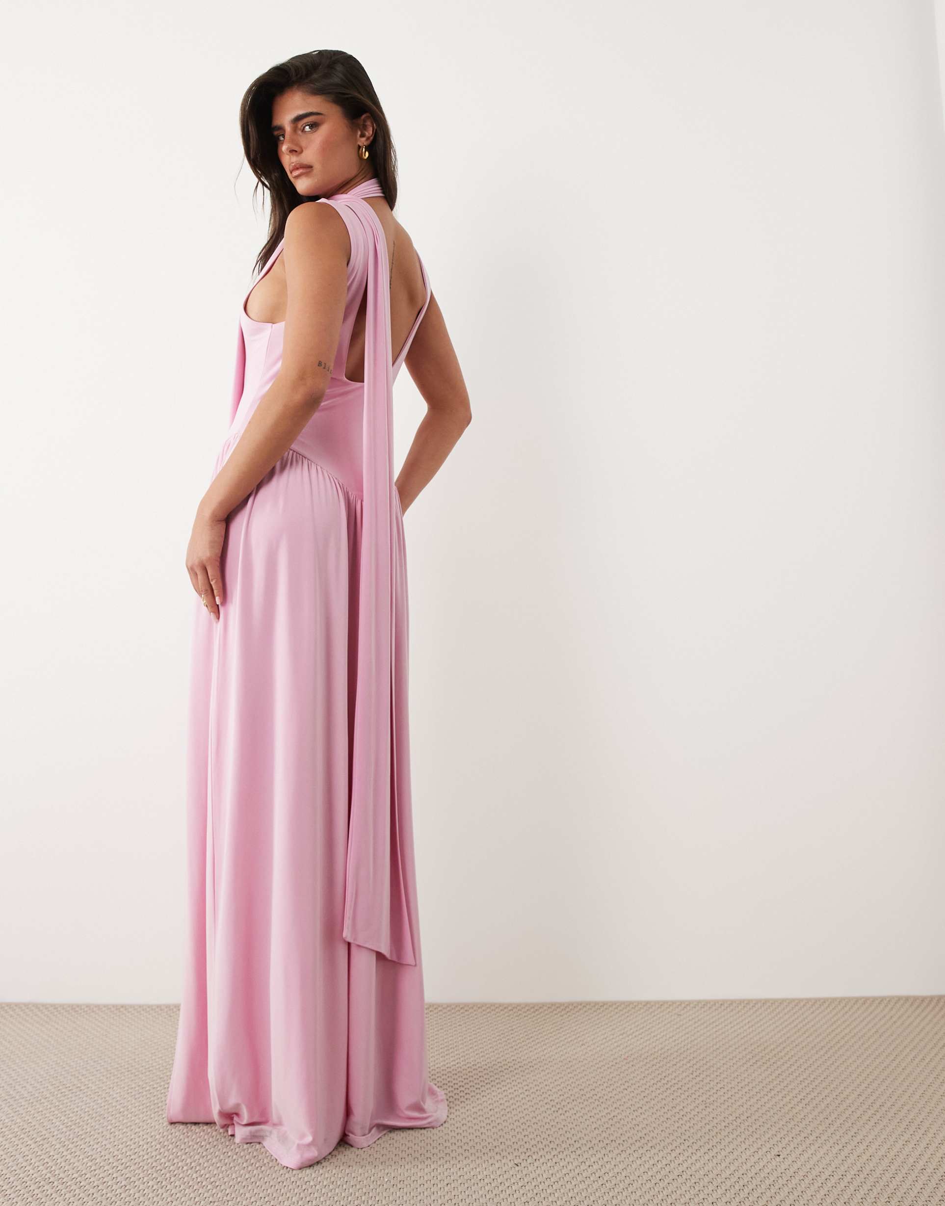 asos design slinky maxi dress with scarf detail in pale pink