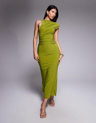 Asos Design Slinky Maxi Dress With Shoulder Pad And Sculpted Seams In Green