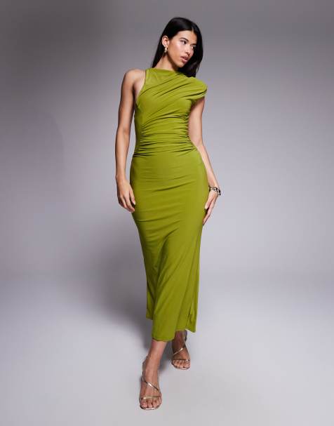 ASOS DESIGN slinky maxi dress with shoulder pad and sculpted seams in green - view 1