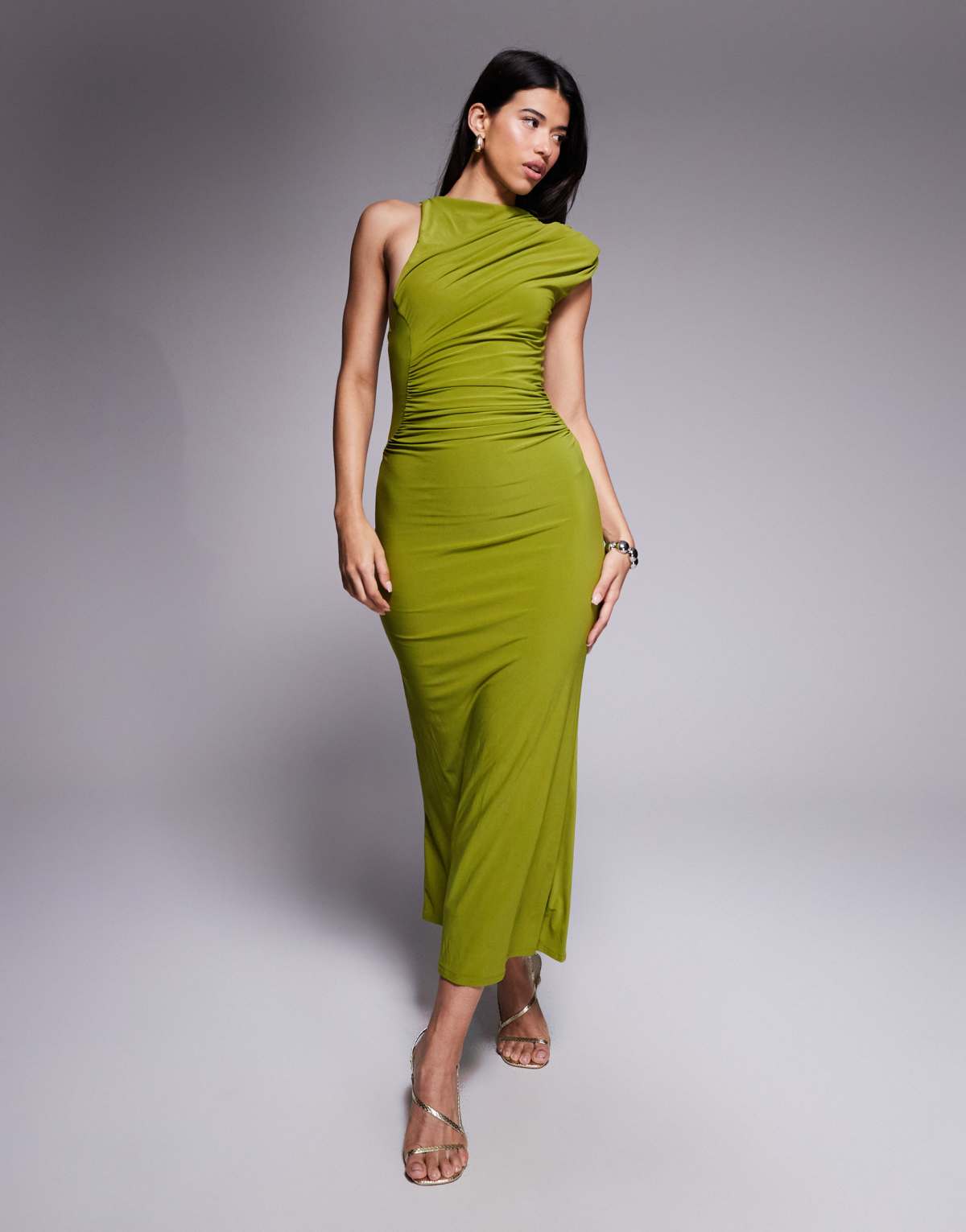 ASOS DESIGN slinky maxi dress with shoulder pad and sculpted seams in green