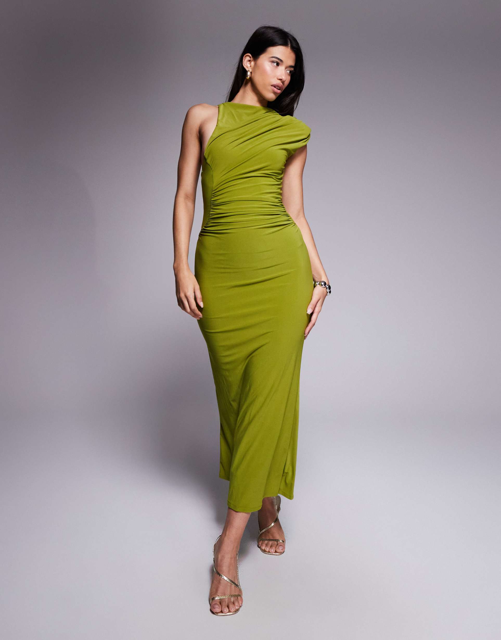 asos design slinky maxi dress with shoulder pad and sculpted seams in green