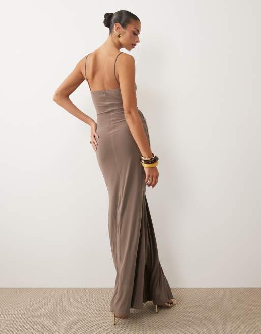 ASOS DESIGN slinky maxi jurk met gerimpelde uitsnijding en bies in moonrock, 4 van 4