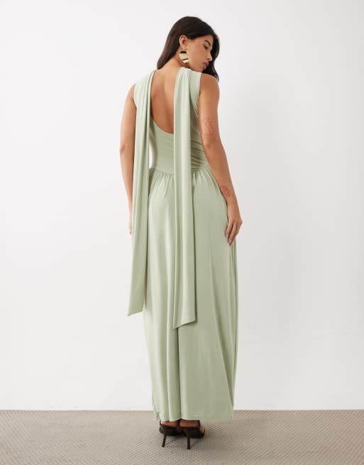 ASOS DESIGN slinky maxi jurk met sjaaldetail in saliegroen, 3 van 4