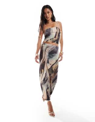 Asos Design Slinky Maxi Skirt In Earthy Marble Print - Part Of A Set-multi