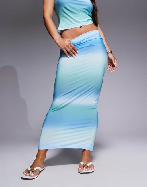 ASOS DESIGN slinky maxi skirt in ombre blue print - part of a set, 4 of 5