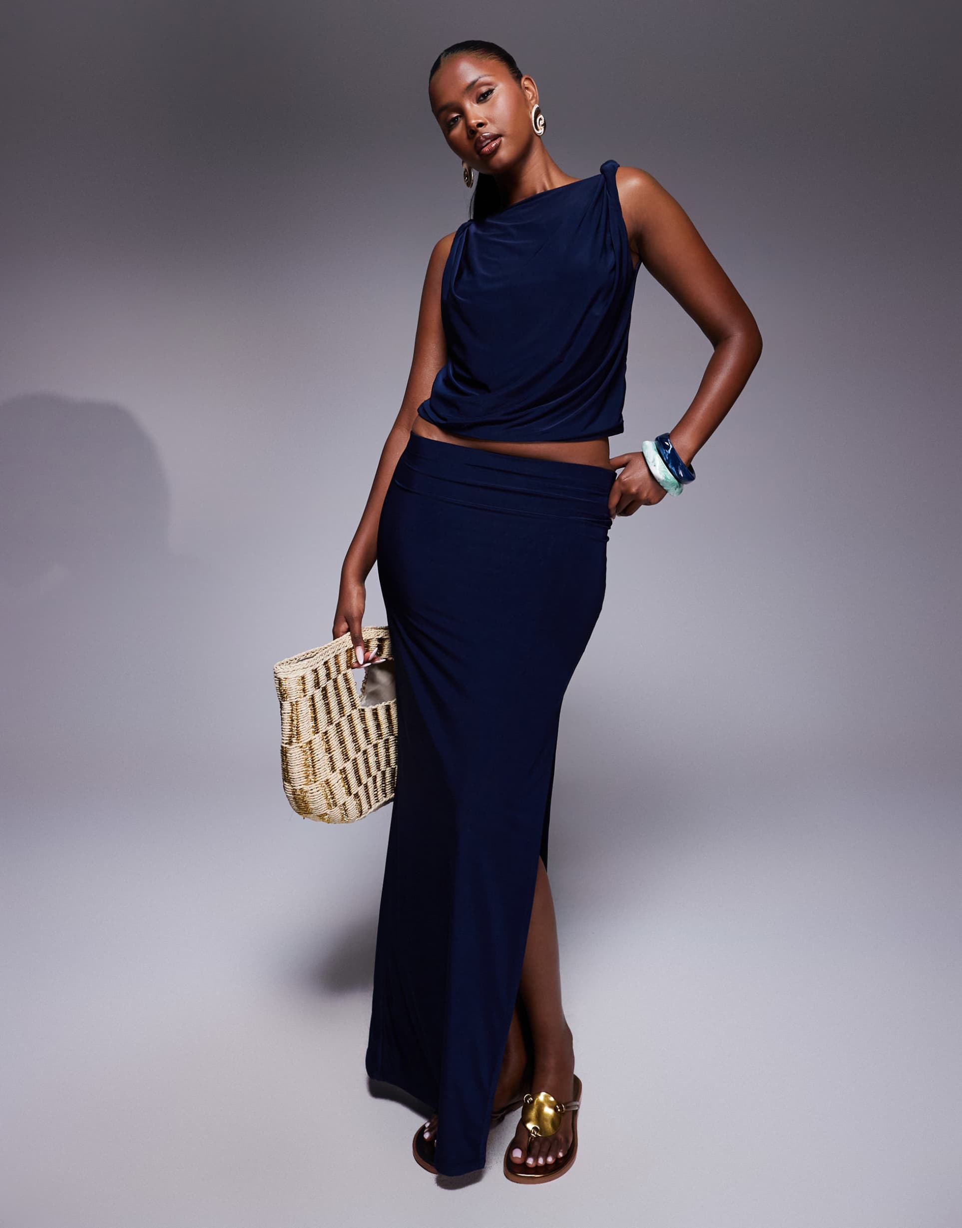 asos design slinky maxi skirt with slit in navy - part of a set