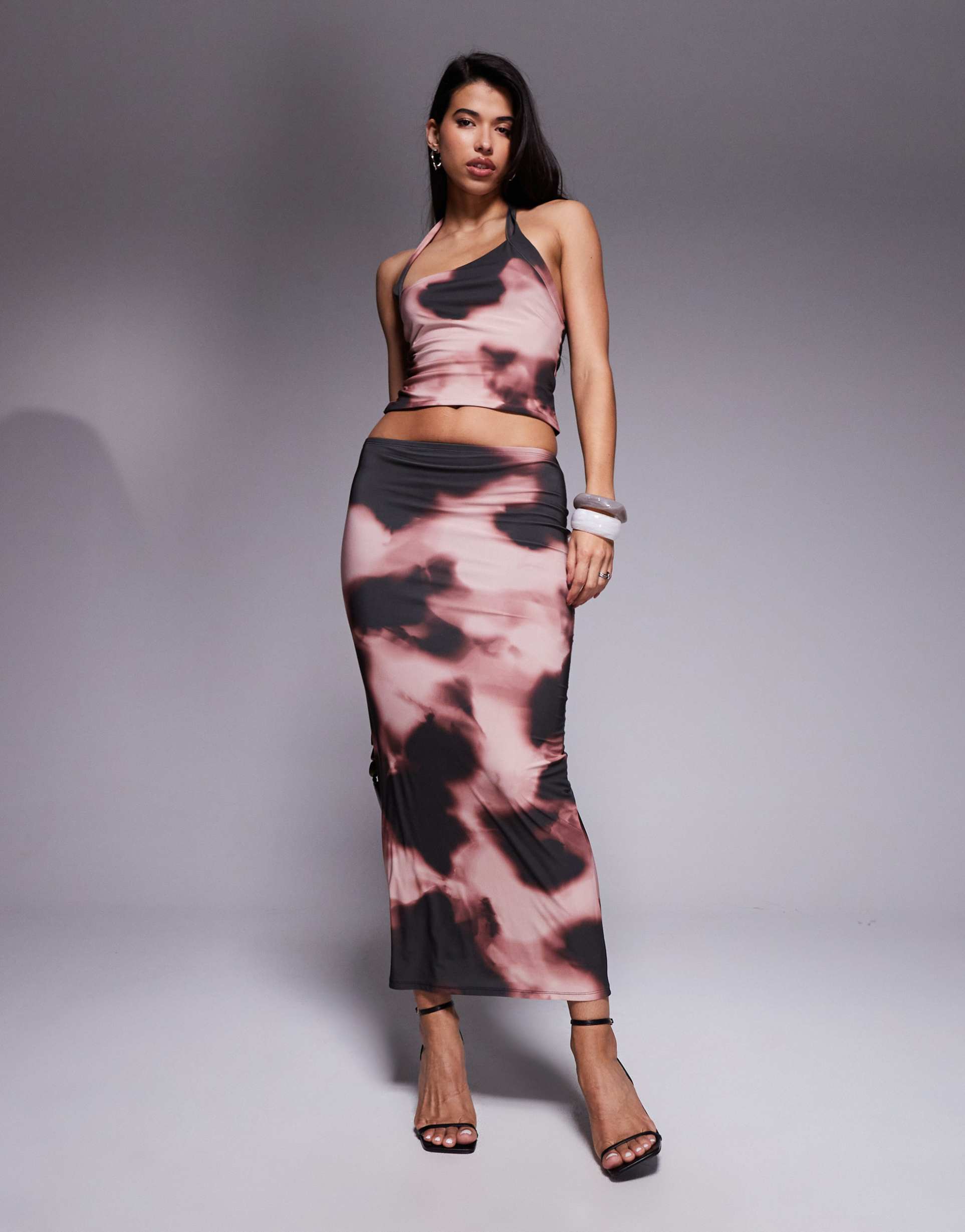 asos design slinky midi skirt in abstract print - part of a set