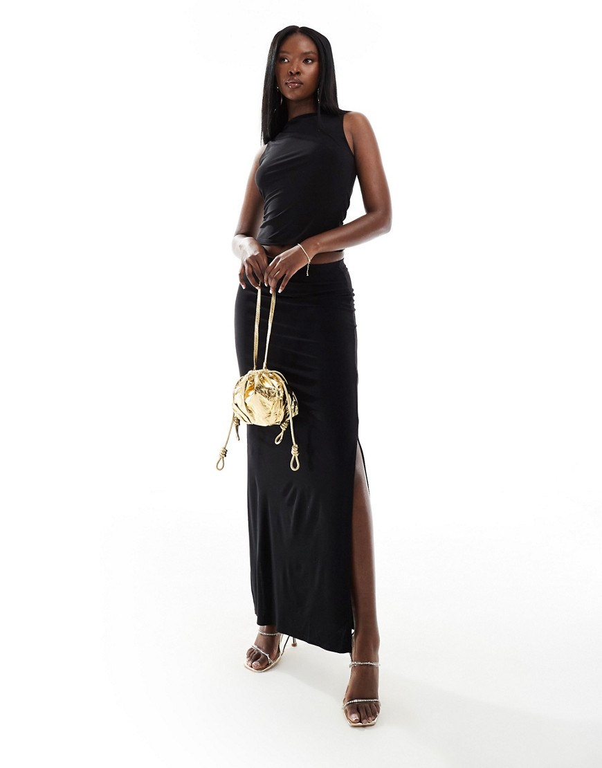 Asos Design Slinky Midi Skirt With Side Splits In Black - Part Of A Set