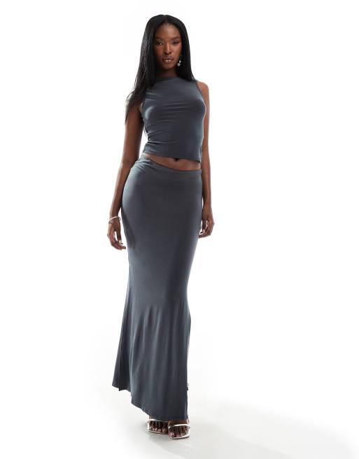 ASOS DESIGN slinky midi skirt with side splits in charcoal (part of a set)