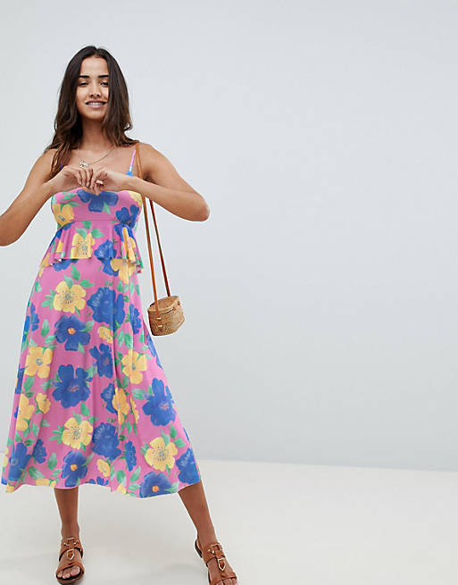 ASOS DESIGN slinky midi sundress with waist ruffle in floral print | ASOS