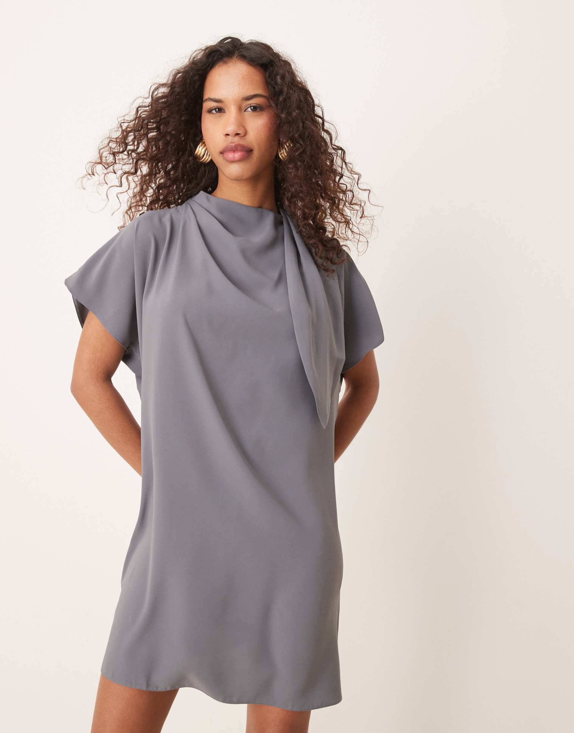 asos design slinky mini dress with neck tie detail in blue gray