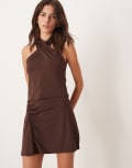 [ASOS DESIGN] ASOS DESIGN slinky mini skirt with ruched waist detail in brown (Part of a set) XS Brown
