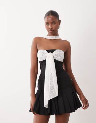 Asos Design Slinky Mono Bandeau Top With Lace Tie Front Bust And Halter Detail In Black