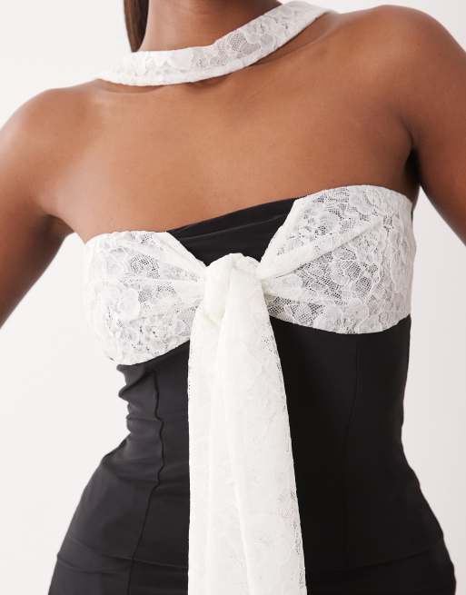 ASOS DESIGN slinky mono bandeau with top with lace tie front bust and halter detail in black, 2 of 4