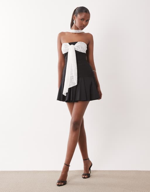 ASOS DESIGN slinky mono bandeau with top with lace tie front bust and halter detail in black, 3 of 4