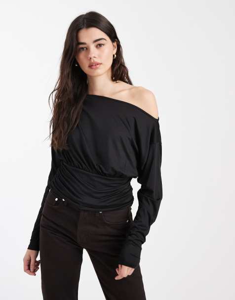 ASOS DESIGN slinky off shoulder long sleeve top with cinch waist detail in black