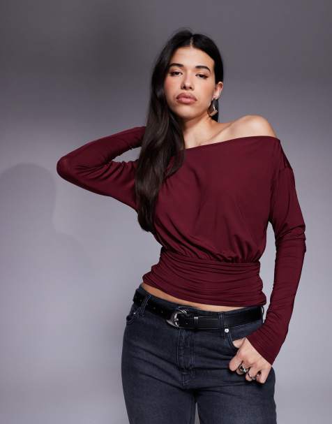 ASOS DESIGN slinky off shoulder long sleeve top with cinch waist detail in burgundy - view 1
