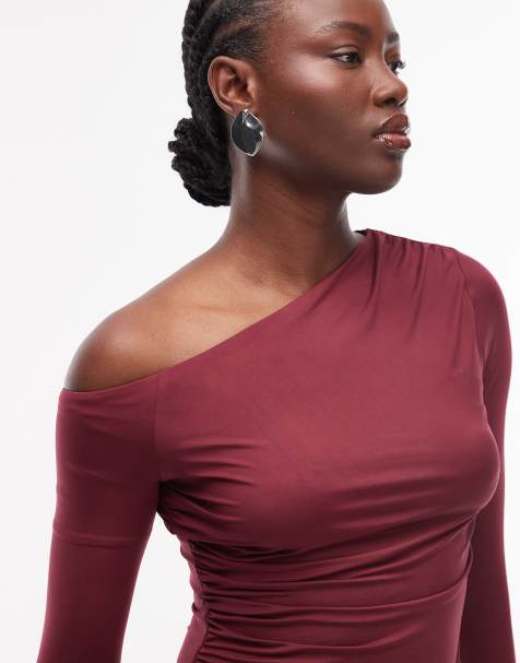 ASOS DESIGN slinky off shoulder ruched detail long sleeve top in burgundy - view 1