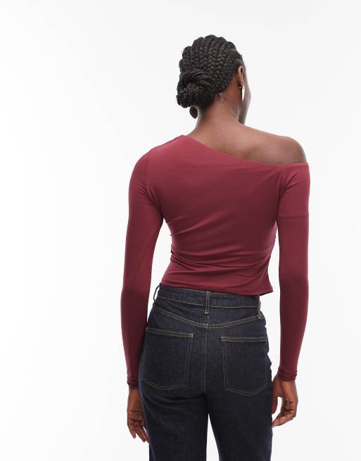 ASOS DESIGN slinky off shoulder ruched detail long sleeve top in burgundy, 4 of 4