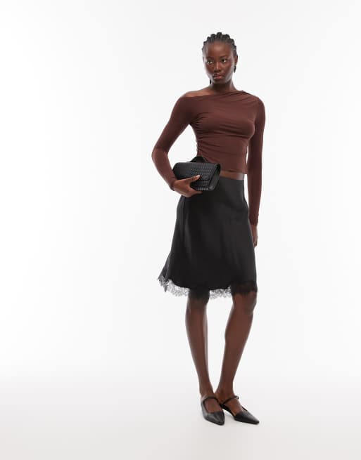 ASOS DESIGN slinky off-shoulder ruched detail long sleeve top in chocolate, 2 of 4