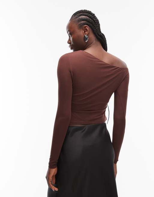 ASOS DESIGN slinky off-shoulder ruched detail long sleeve top in chocolate, 3 of 4