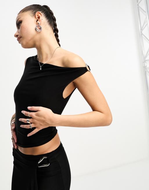 Black Slinky Asymmetric Cut Out Detail Long Sleeve Crop Top