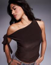 ASOS DESIGN ponte structured halter top with hook and eye front closures in chocolate