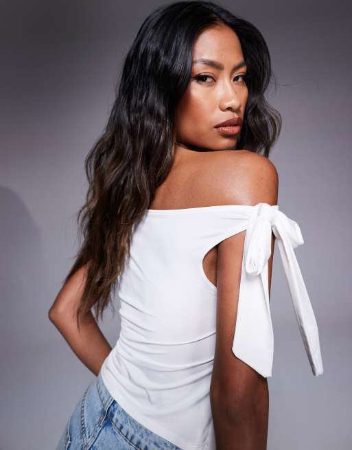 ASOS DESIGN slinky off the shoulder bow tie detail top in ivory