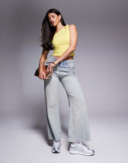 ASOS DESIGN slinky off the shoulder bow tie detail top in yellow, 2 of 4