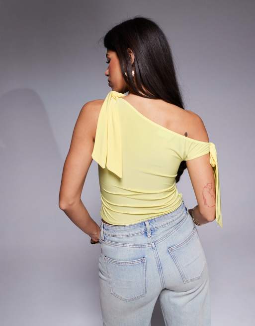 ASOS DESIGN slinky off the shoulder bow tie detail top in yellow, 3 of 4