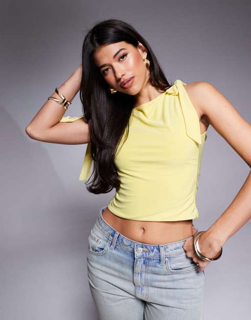 ASOS DESIGN slinky off the shoulder bow tie detail top in yellow, 4 of 4