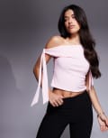 [ASOS DESIGN] ASOS DESIGN slinky off the shoulder top with bow tie detail in pastel pink L Pastel Pink