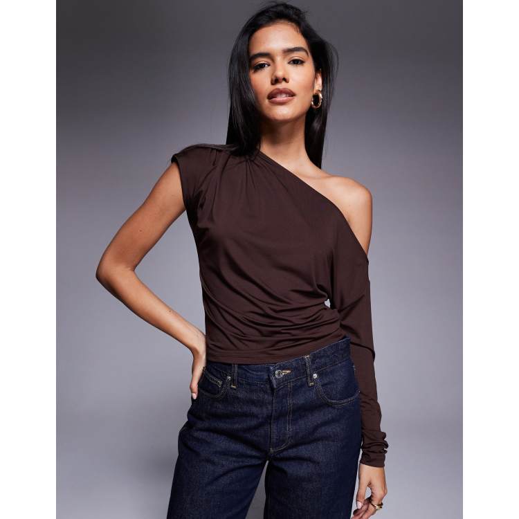 ASOS DESIGN slinky one shoulder asymmetric drape top in brown | ASOS
