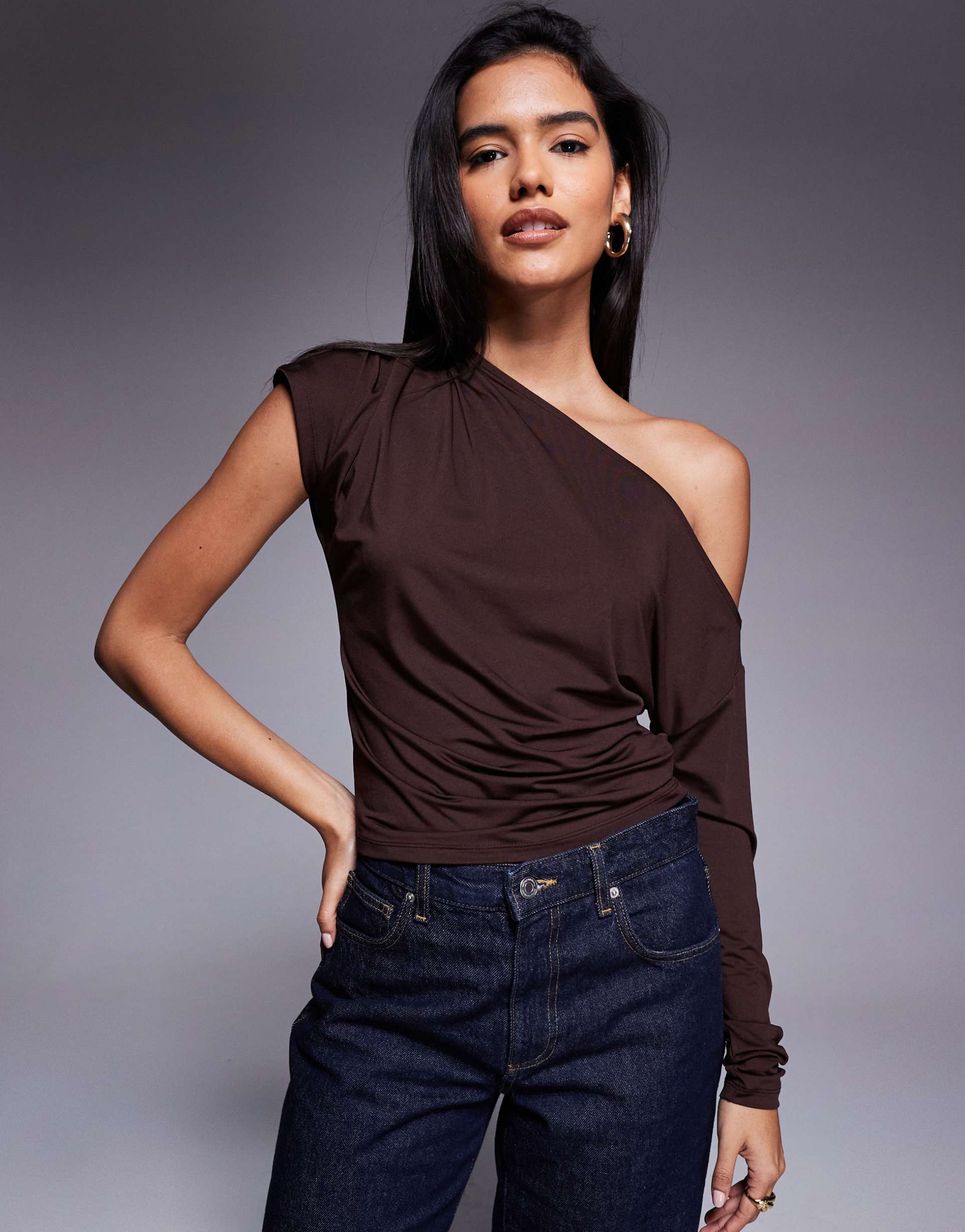 asos design slinky one shoulder asymmetric drape top in brown