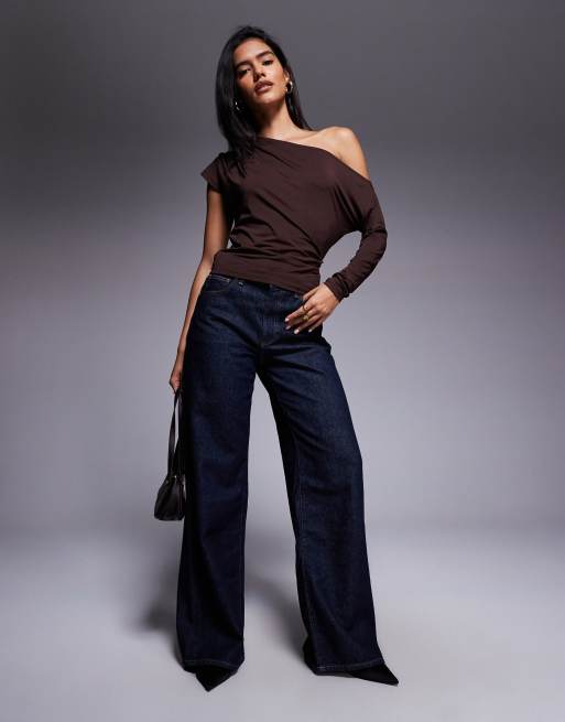 ASOS DESIGN slinky one shoulder asymmetric drape top in brown | ASOS